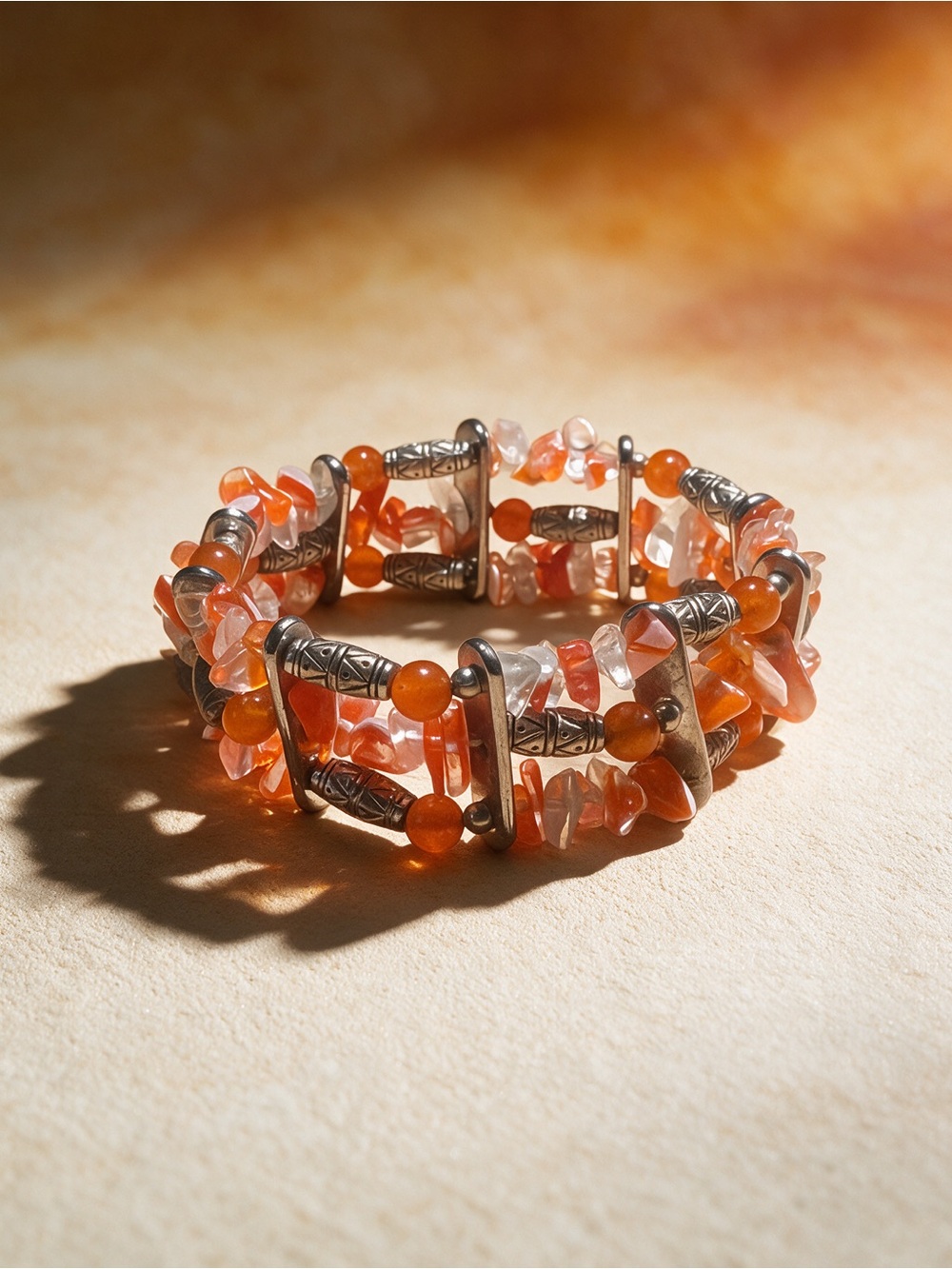Orange Carnelian Multi-Strand Stretch Bracelet - Women Jewelry, Handcrafted
